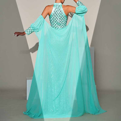Turquoise Prom Dress Halter Neck with Caped Sequin Mermaid Evening Dress