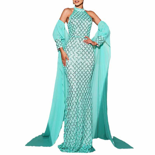 Turquoise Prom Dress Halter Neck with Caped Sequin Mermaid Evening Dress