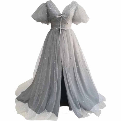 Sparkle Tulle Prom Dresses Puffy Sleeve Slit Formal Evening Party Gowns