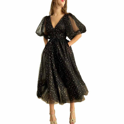 Sparkle Tulle Prom Dresses Puffy Sleeve Slit Formal Evening Party Gowns