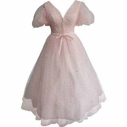 Sparkle Tulle Prom Dresses Puffy Sleeve Slit Formal Evening Party Gowns