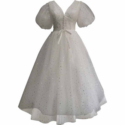 Sparkle Tulle Prom Dresses Puffy Sleeve Slit Formal Evening Party Gowns