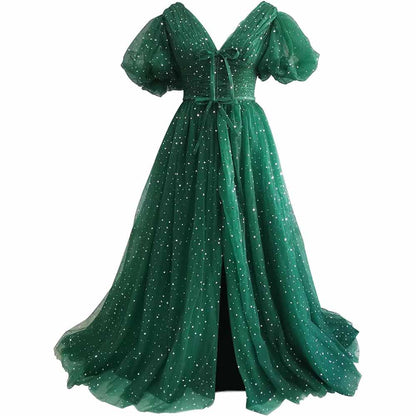 Sparkle Tulle Prom Dresses Puffy Sleeve Slit Formal Evening Party Gowns