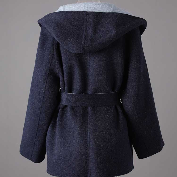 Two-sided winter coat women in navy blue with a hood and belt for stylish warmth