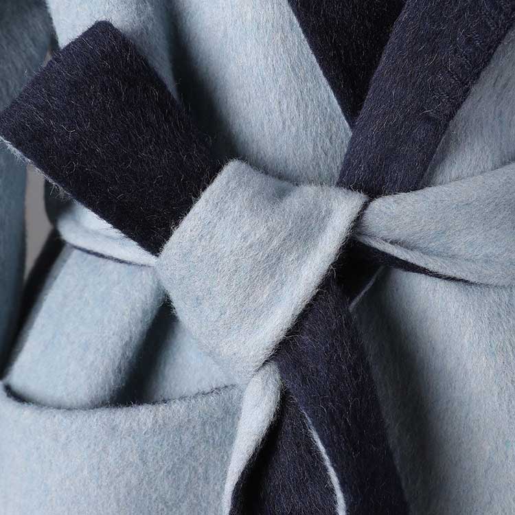 Light blue two-sided winter coat women with a stylish tie waist and soft fabric
