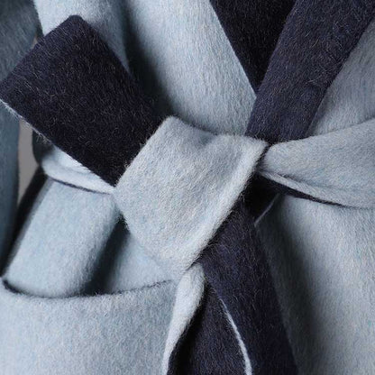 Light blue two-sided winter coat women with a stylish tie waist and soft fabric