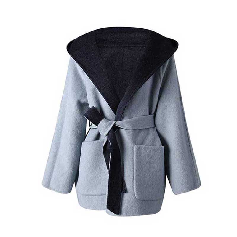 Two-sided winter coat women in light gray with hood and belted design for stylish warmth