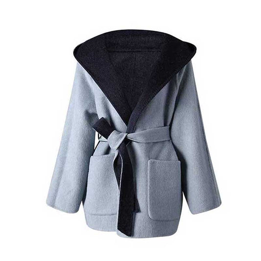 Two-sided winter coat women in light gray with hood and belted design for stylish warmth