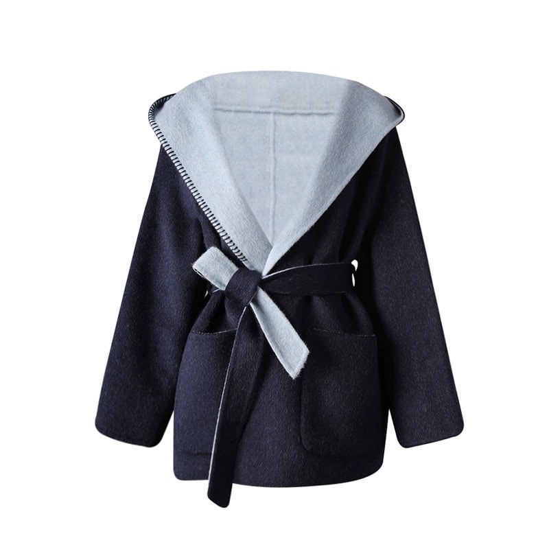 Two-sided winter coat women with a stylish hood and tie belt, perfect for cold weather