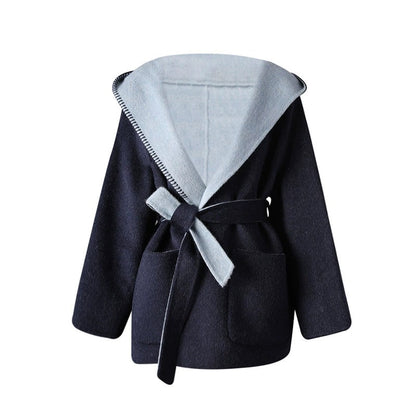 Two-sided winter coat women with a stylish hood and tie belt, perfect for cold weather