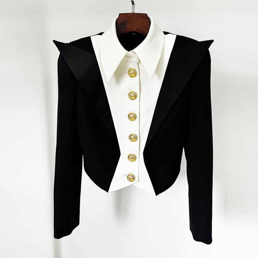 Womne's Crop Jacket 6 Button Black White Blazer