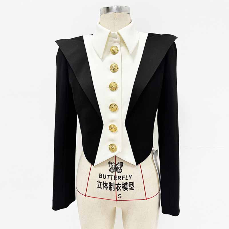 Womne's Crop Jacket 6 Button Black White Blazer