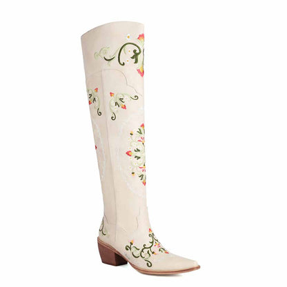 Unique embroidered cowboy boots women in white with floral designs and a stylish pointed toe