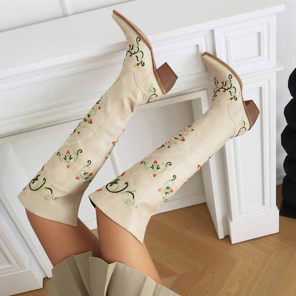 Unique embroidered cowboy boots women in beige with floral designs and a stylish high heel
