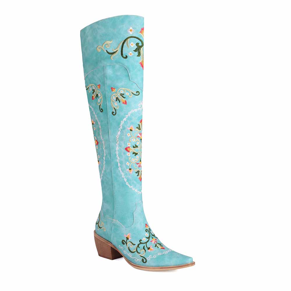 Unique embroidered cowboy boots women in turquoise with colorful floral designs and a stylish pointed toe