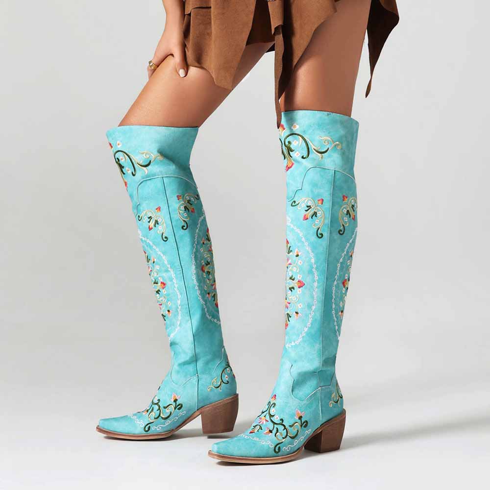 macy blue dress Unique Embroidered Cowboy Boots Women Over Knee High