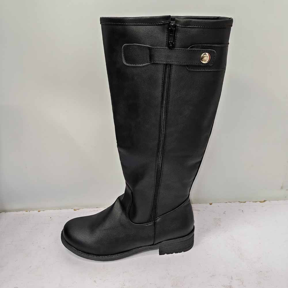 Unisex faux leather riding boots in black with a side zipper and buckle detail for stylish equestrian wear