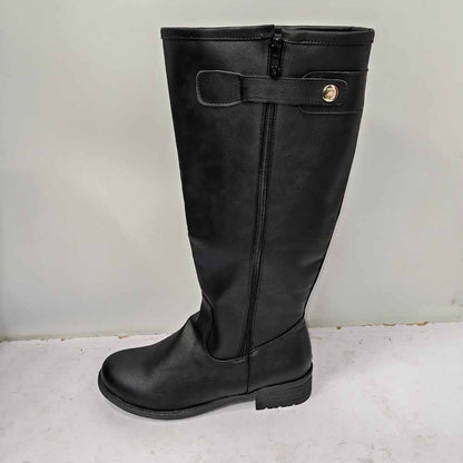 Unisex faux leather riding boots in black with a side zipper and buckle detail for stylish equestrian wear