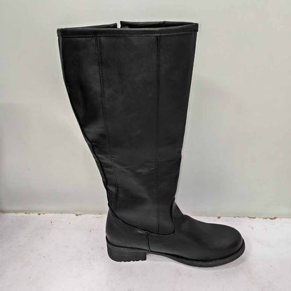 Unisex faux leather riding boots in black with a stylish tall design for versatile wear