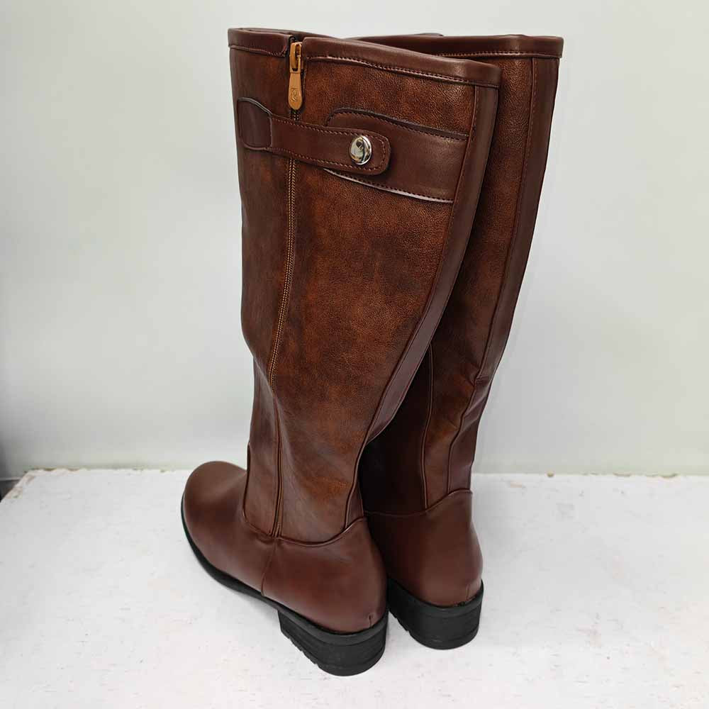 Brown unisex faux leather riding boots with a stylish buckle design and sturdy sole