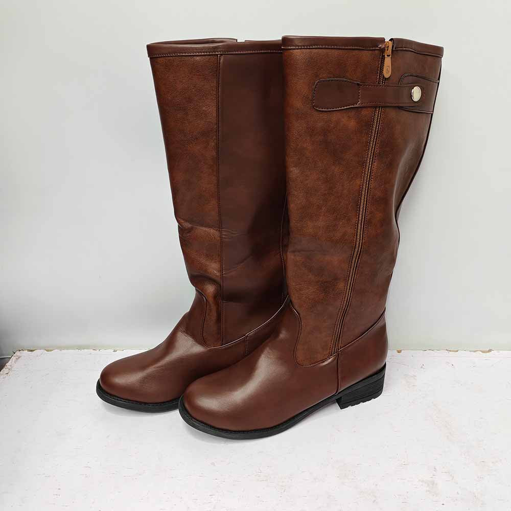 Brown unisex faux leather riding boots with sturdy soles for comfortable wear