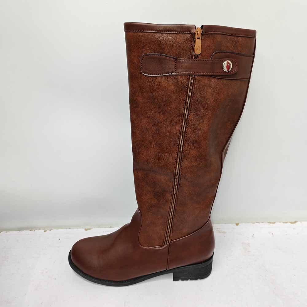 Unisex faux leather riding boots in brown with decorative zipper and button detail