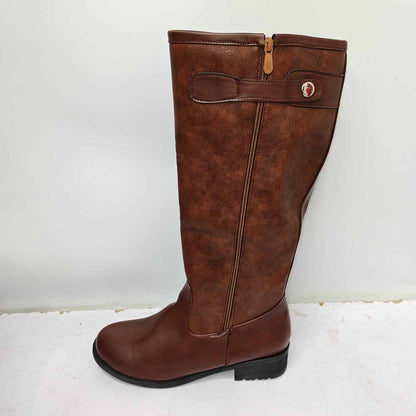 Unisex faux leather riding boots in brown with decorative zipper and button detail