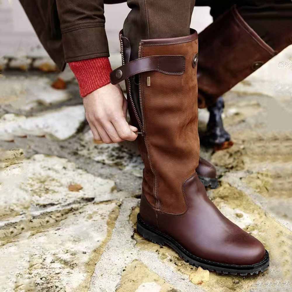 Unisex faux leather riding boots featuring a stylish design and functional zipper for easy wear