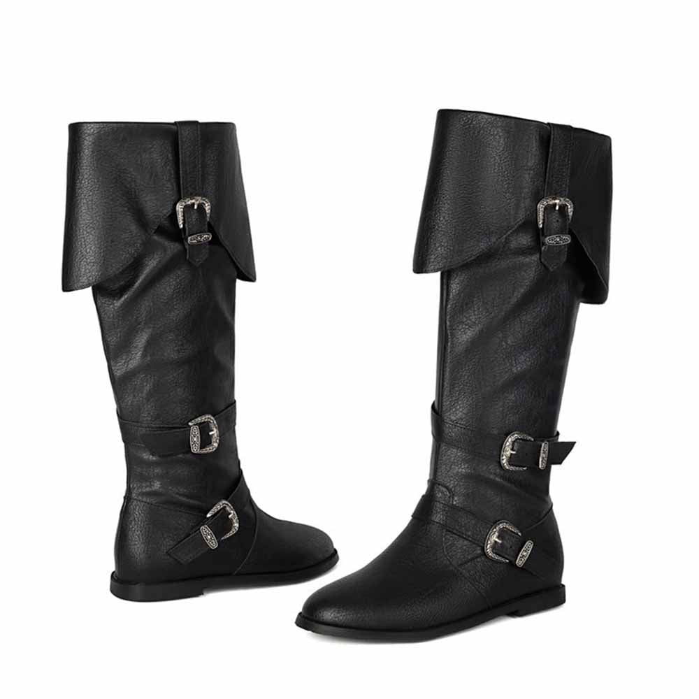 Stylish black unisex flat high top boots with buckle details for versatile casual wear