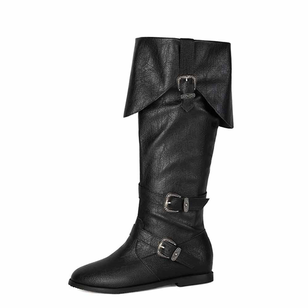 Stylish black unisex flat high top boots with buckles for versatile outfits