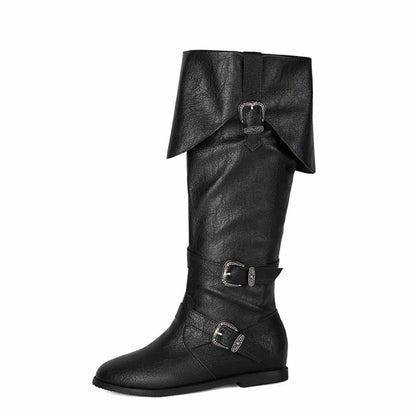 Stylish black unisex flat high top boots with buckles for versatile outfits