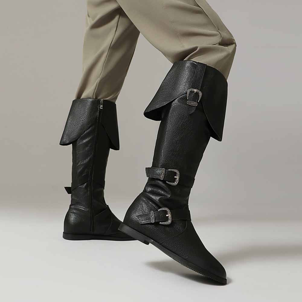 Stylish black unisex flat high top boots with unique buckle detail and comfortable design