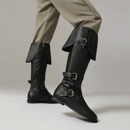 Stylish black unisex flat high top boots with unique buckle detail and comfortable design