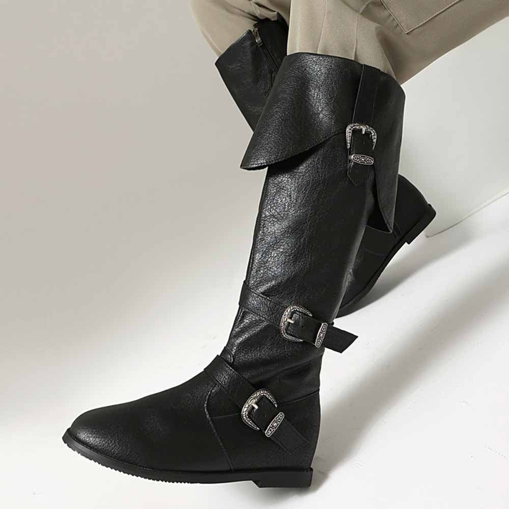 Stylish black unisex flat high top boots with buckle detailing for versatile urban wear