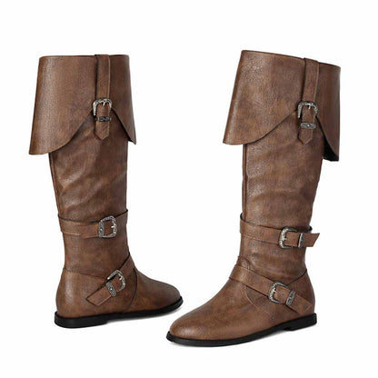 Unisex flat high top boots in brown with stylish buckle details and a unique fold-over design