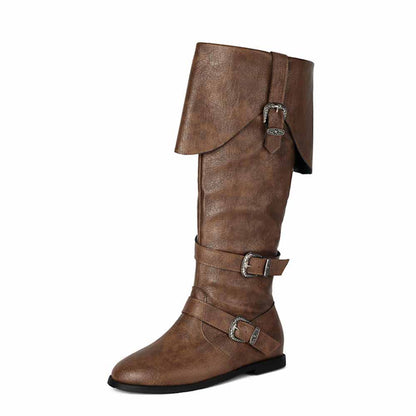 sd-hk unisex flat high top boots in brown with stylish buckle details for versatile wear