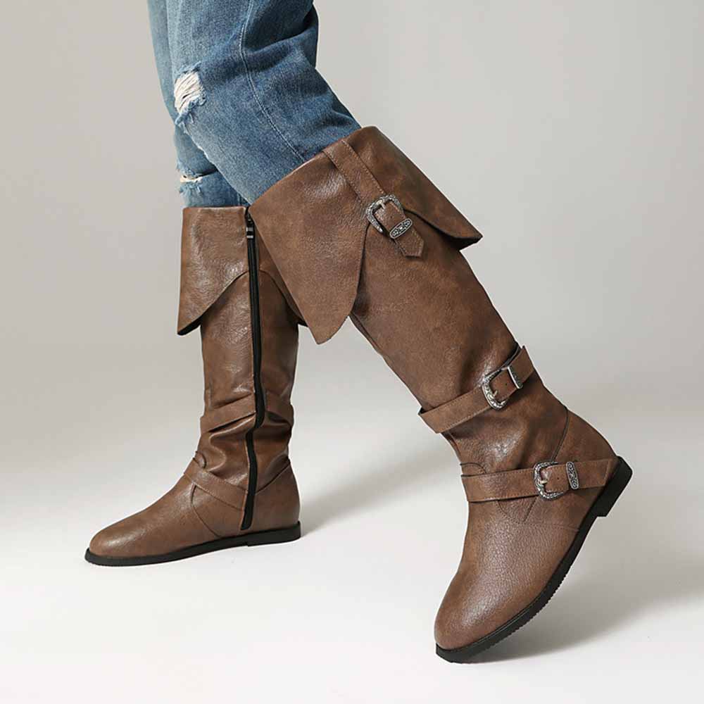 Stylish unisex flat high top boots with buckle details and a sleek design for versatile outfits