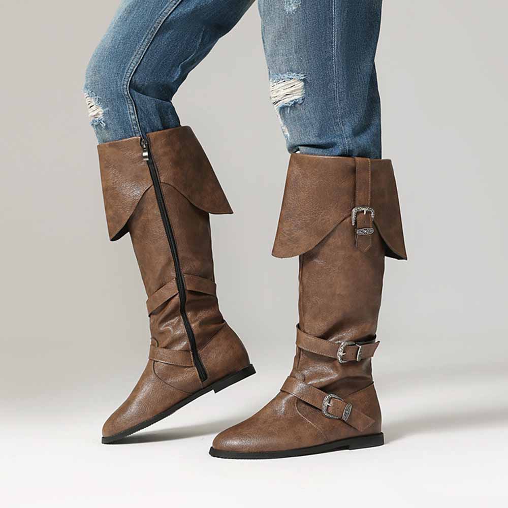 Unisex flat high top boots in brown with stylish fold-over cuff and buckle detailing