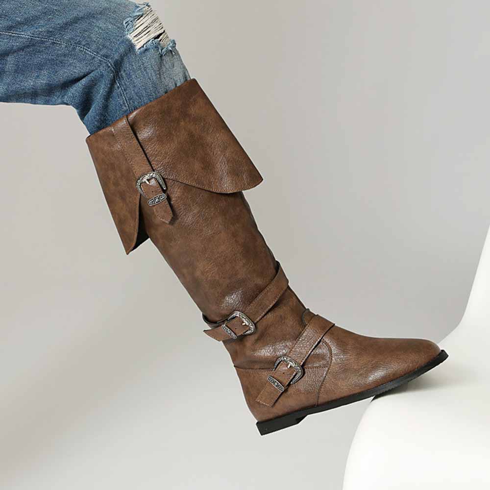 Stylish unisex flat high top boots in brown with decorative buckles and a sleek design