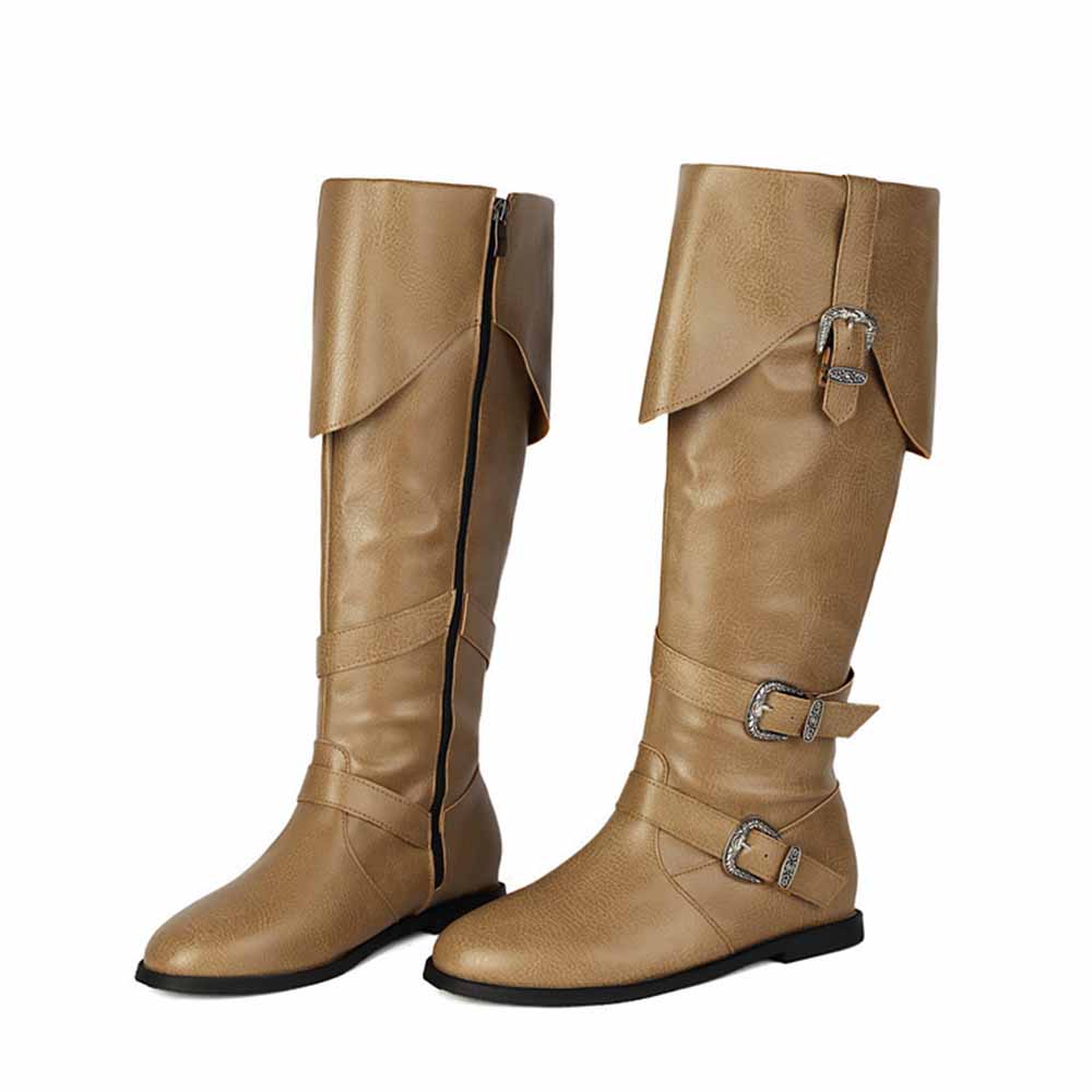 Stylish sd-hk unisex flat high top boots in tan with buckle details and side zipper