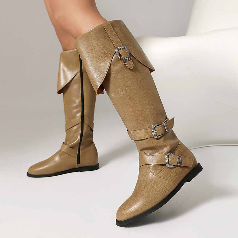 Stylish brown unisex flat high top boots with buckle detailing and a sleek design