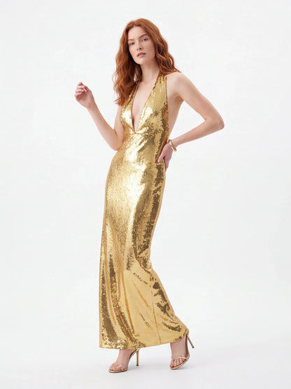 Gold Halter Deep V-Neck Sequin Maxi Dress – Sleeveless Glam Evening Gown for Parties & Formal Events