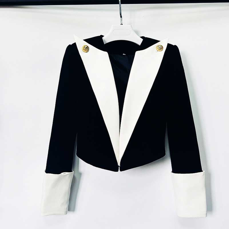 Elegant velvet black blazer with white accents and gold buttons for a stylish look