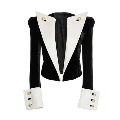 Stylish velvet black blazer with white lapels and detailed cuff buttons for a chic look