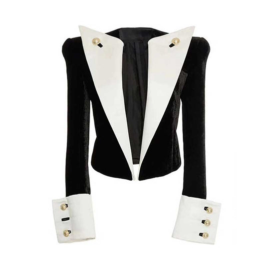 Stylish velvet black blazer with white lapels and detailed cuff buttons for a chic look
