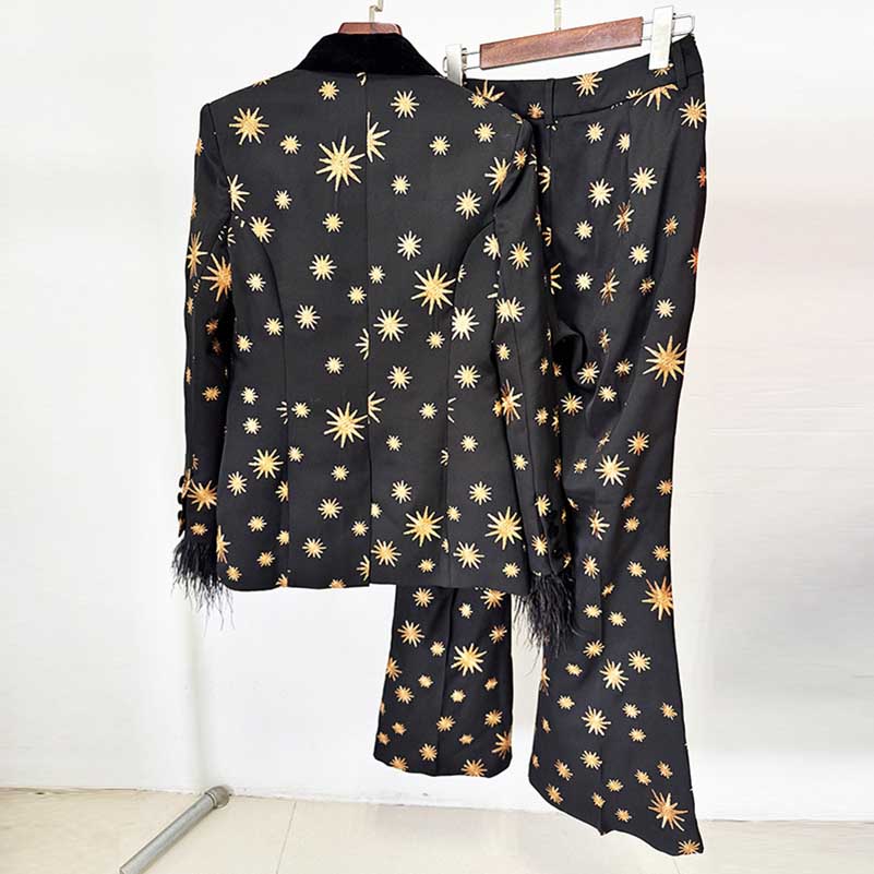 Stylish velvet feather trim 2-piece suit for women featuring a star pattern on the blazer and pants