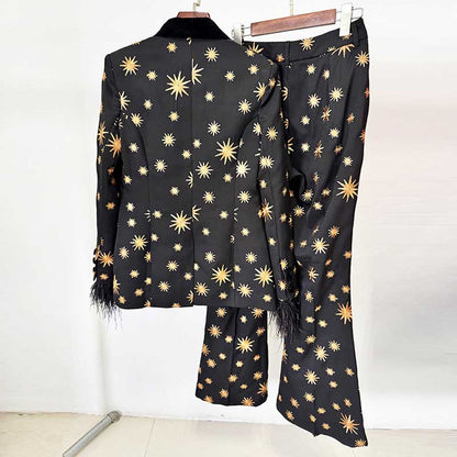 Stylish velvet feather trim 2-piece suit for women featuring a star pattern on the blazer and pants