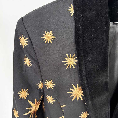 Stylish SD Dresscode velvet feather trim 2-piece suit for women with gold star patterns