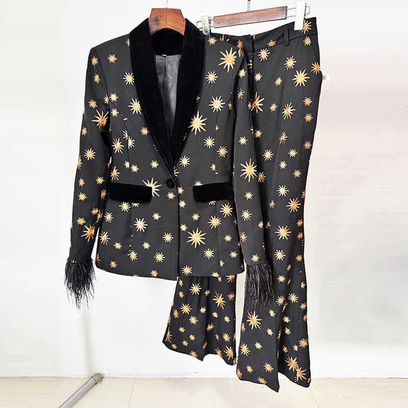 Stylish velvet feather trim 2-piece suit for women with star pattern and elegant black design