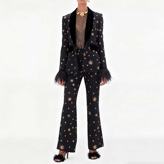Stylish SD Dresscode velvet feather trim 2-piece suit for women with star pattern and flared pants